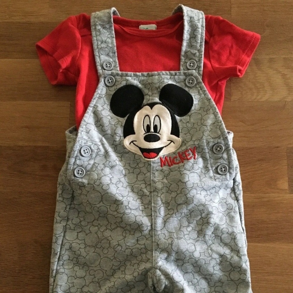 Disney Mickey Baby 2 Piece Set Grey Overalls Red One Piece Short Sleeve 12 Month
